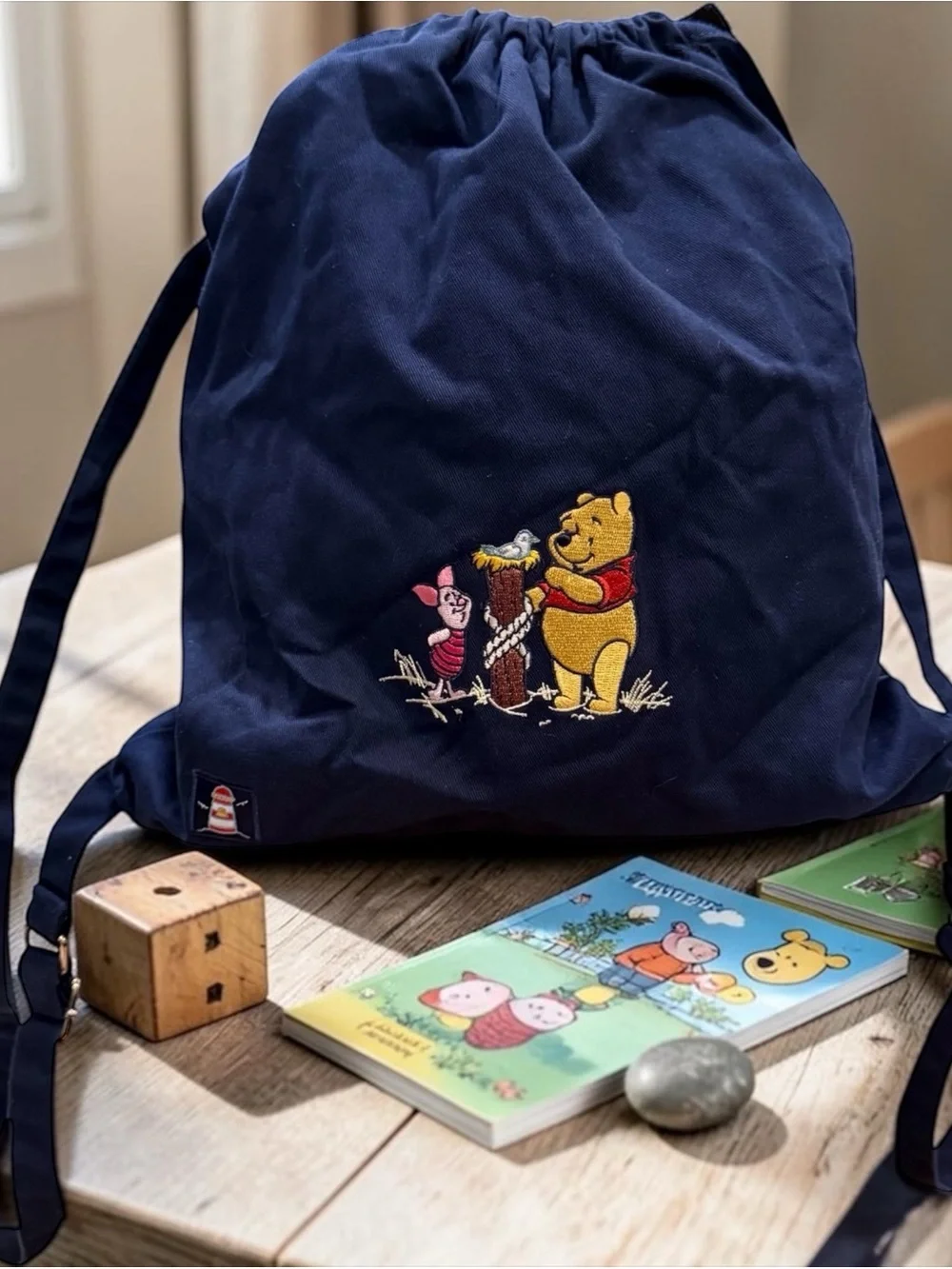 Disney Store Winnie The Pooh Piglet Navy Drawstring Backpack Embroidered Bag